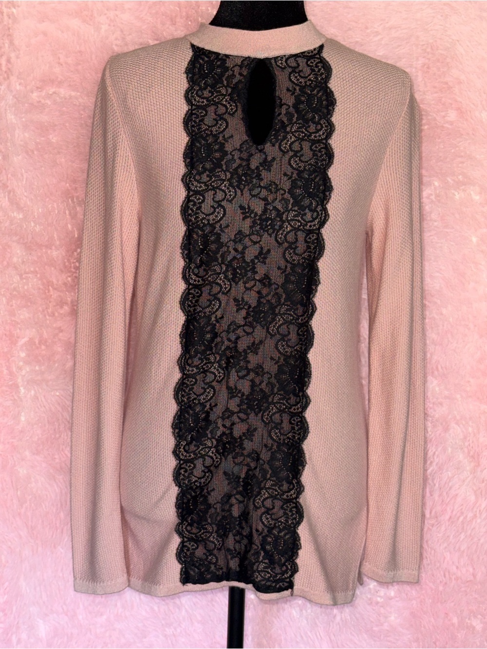 Hannah Blush Pink Black Lace Keyhole Long Sleeve Knit Top Size S